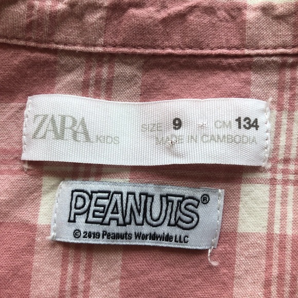 Zara Peanuts Charlie Brown Girls Size 9 Pink/White Plaid Button-Up Shirt Classic - Picture 3 of 16